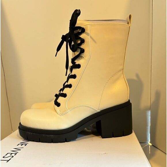 Nine West Women's Juna3 Combat Boot booties shoes ivory 9 - Picture 7 of 9
